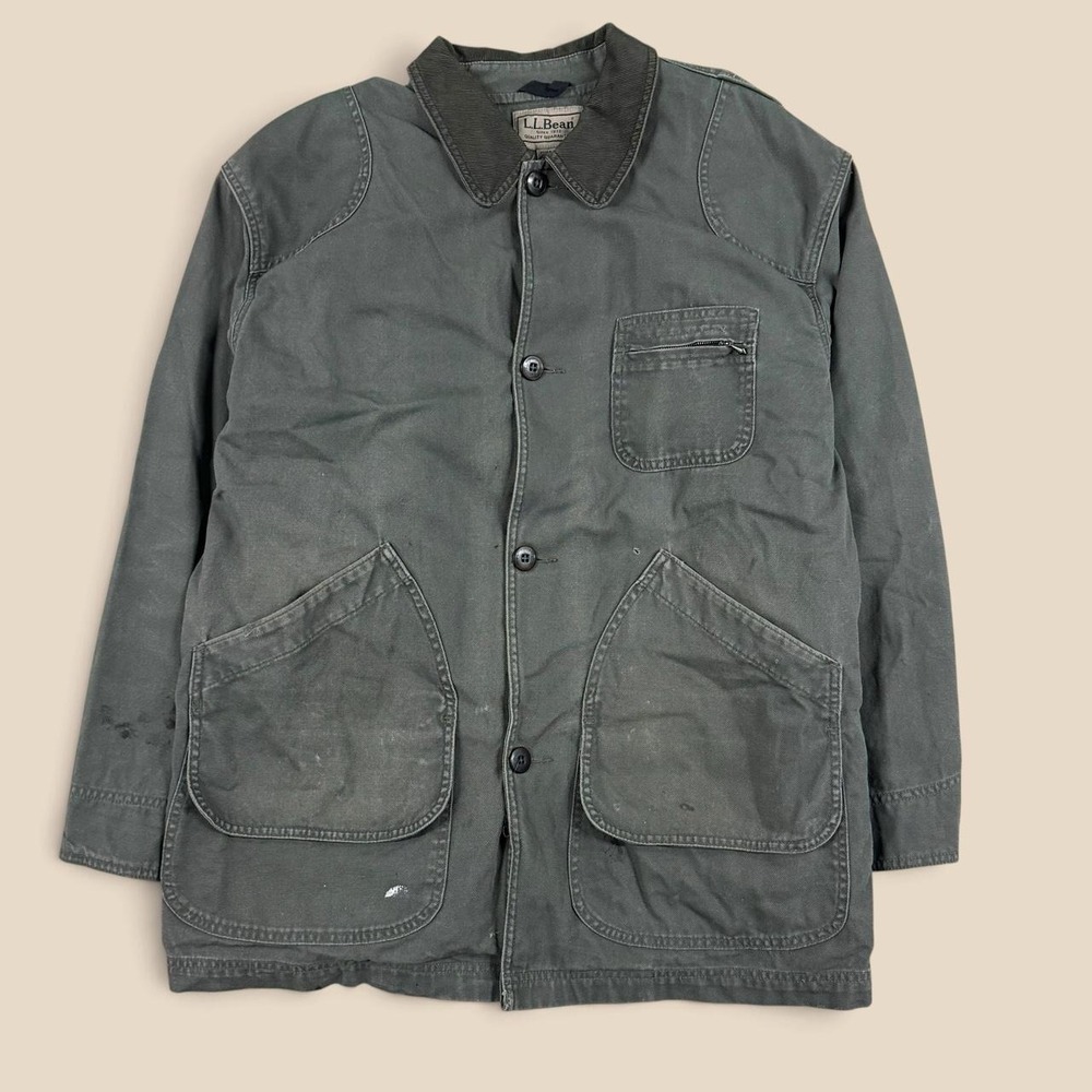 Vintage LL Bean Olive Canvas Chore Barn Jacket Large Flannel Lined Distressed
